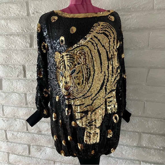 Stunning Vintage Black and Gold Sequin Tiger Dress - Picture 1 of 7